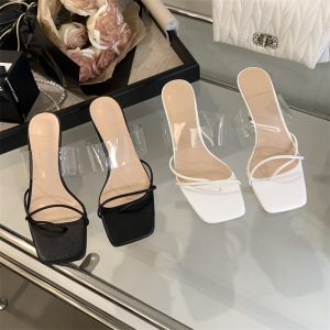 2024 Summer Korean Square Toe Open Toe Cross Strap Transparent Thin Heel Casual Women's High Heel Slippers