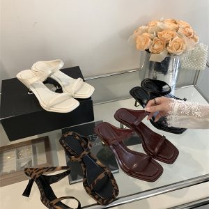 2024 Summer Korean Square Toe Open Toe One-Strap Solid Color Casual Slip-On Thin Heel Women's High Heel Sandals Slippers