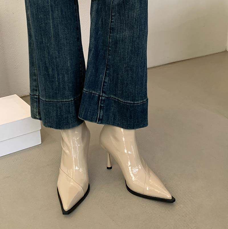 2025 Autumn Winter New Patent Leather Pointed Toe Thin Heel Short Boots Women High Heel Shiny Fashion Slim Boots Premium - Image 2
