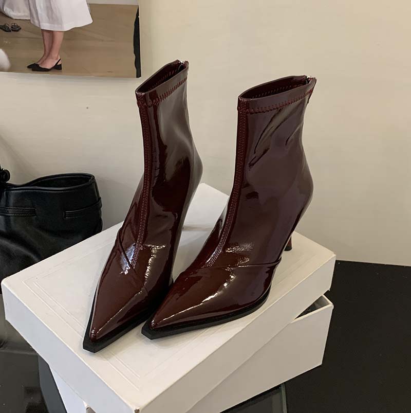 2025 Autumn Winter New Patent Leather Pointed Toe Thin Heel Short Boots Women High Heel Shiny Fashion Slim Boots Premium - Image 4