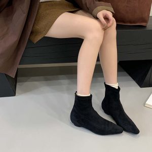 2025 New Fall Winter Pointed Toe Flat Ankle Boots Women Suede Slim Fit Elastic Short Boots