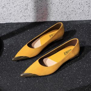 BIGWOOD Women's Pointed Toe Low Heel Suede Slip-On Shoes - European American Style Metal Accent