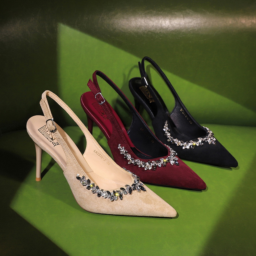 European American Style Suede Ultra High Heel Open Back Women's Shoes Rhinestone Chain Shallow Mouth Pointed Toe Single Shoes