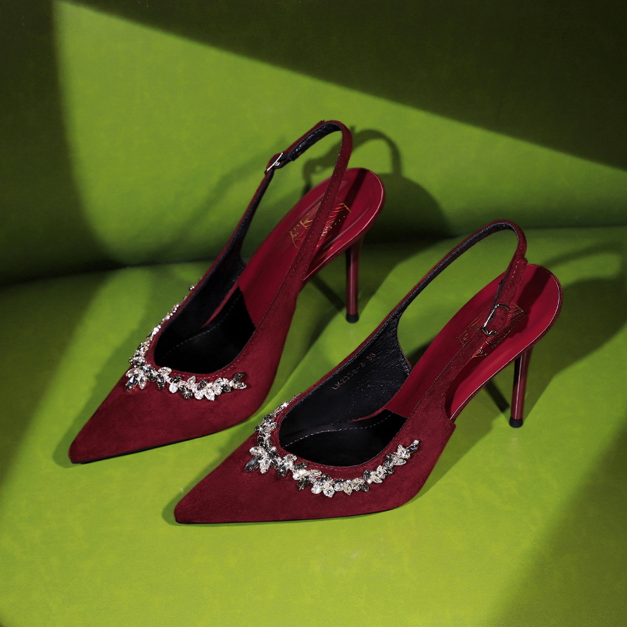 European American Style Suede Ultra High Heel Open Back Women's Shoes Rhinestone Chain Shallow Mouth Pointed Toe Single Shoes - Image 2
