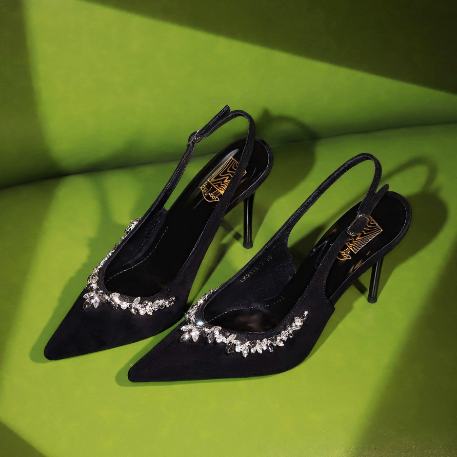 European American Style Suede Ultra High Heel Open Back Women's Shoes Rhinestone Chain Shallow Mouth Pointed Toe Single Shoes - Image 3