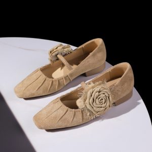 French Banquet Square Toe Suede Low Heel Shallow Mouth Single Shoe Women One-Strap Flower Non-Tiring Flat Heel Women's Shoes
