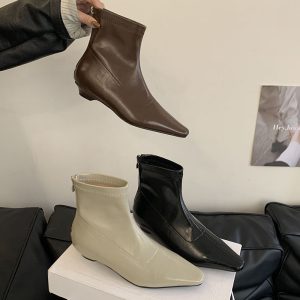 French Square Toe Low Heel Boots for Women - Platform Ankle Boots with Back Zipper, Korean Style Martin Boots