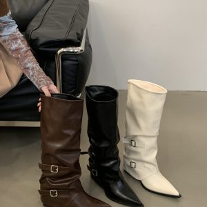 HMSZ Pointed Toe Buckle Pleated Stack Boots 2025 Autumn Winter Punk Style Knight Boots Mid Heel Trendy High Tube Boots