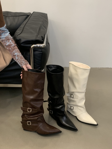hmsz-pointed-toe-buckle-pleated-stack-boots-2025-autumn-winter-punk-style-knight-boots-mid-heel-trendy-high-tube-boots