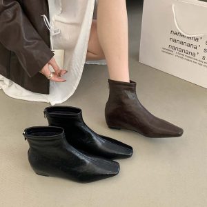 Korean Style New Flat Short Chelsea Boots Women's Low Heel Hidden Wedge Soft Leather Ankle Boots