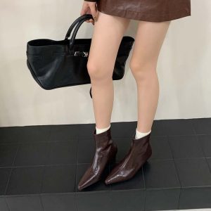 Pointed Toe Short Boots Women New 2025 Autumn Winter Slim Boots Wedge Heel French Low Heel Short Shaft Martin Boots
