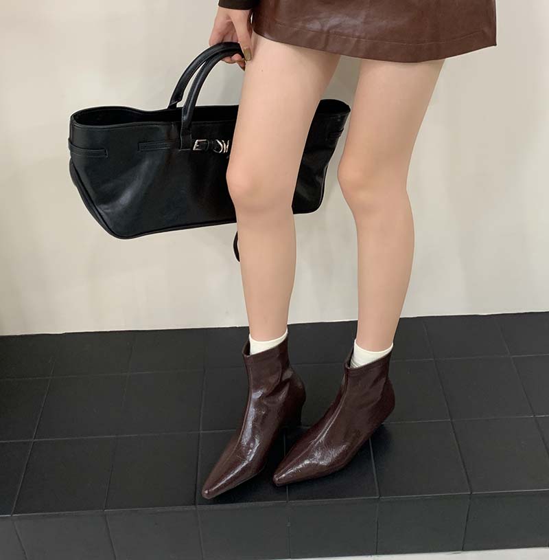 Pointed Toe Short Boots Women New 2025 Autumn Winter Slim Boots Wedge Heel French Low Heel Short Shaft Martin Boots