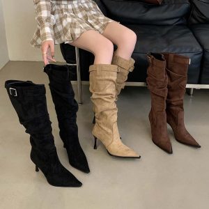 Sexy Pointed Toe Suede Folded Over Knee High Boots Women High Heel Fashion Belt Buckle Slim Boots European American Long Boots