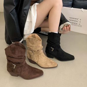 Vintage Suede V-Neck Western Cowboy Boots for Women High Heel Pointed Toe Mid Calf Boots with Belt Buckle